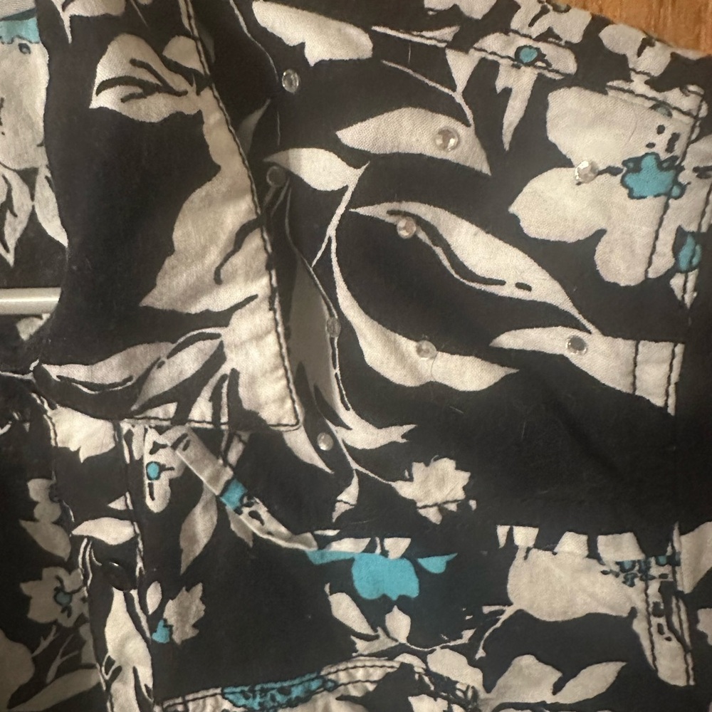 Oleg Cassini Weekend Floral Button Down Blouse Medium Black Blue Cotton - Picture 7 of 12